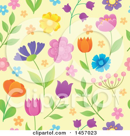 Clipart of a Seamless Background Pattern of Flowers on Pastel Yellow - Royalty Free Vector Illustration by visekart