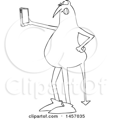 Clipart of a Cartoon Black and White Devil Taking a Selfie with a Cell Phone - Royalty Free Vector Illustration by djart