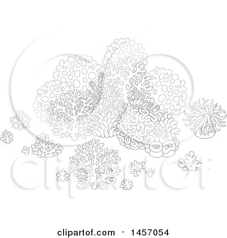 Clipart of a Black and White Group of Sea Fans, Corals and Anemones - Royalty Free Vector Illustration by Alex Bannykh