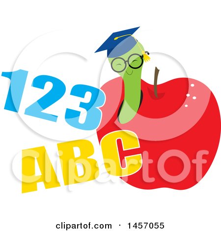 Clipart of a Graduate Worm Wearing a Hat and Emerging from an Apple with Abc 123 - Royalty Free Vector Illustration by Maria Bell