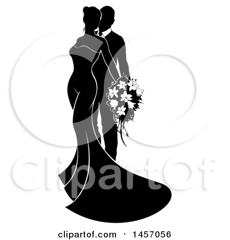 Clipart Of A Black And White Silhouetted Posing Wedding Bride And