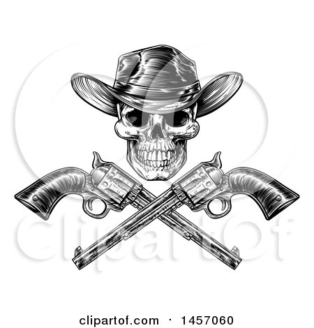 Clipart of a Black and White Engraved or Woodcut Styled Cowboy Skull and Crossed Pistols - Royalty Free Vector Illustration by AtStockIllustration