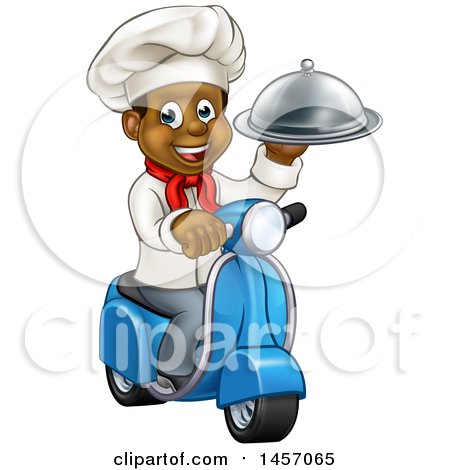Clipart of a Cartoon Happy Black Male Chef Holding a Cloche Platter and Riding a Scooter - Royalty Free Vector Illustration by AtStockIllustration