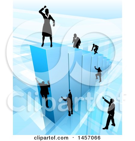 Clipart of a 3d Blue Bar Graph with Silhouetted Business Men and Women Competing to Reach the Top - Royalty Free Vector Illustration by AtStockIllustration