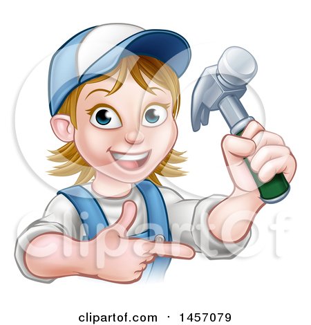 Clipart of a Cartoon Happy White Female Carpenter Holding up a Hammer and Pointing - Royalty Free Vector Illustration by AtStockIllustration