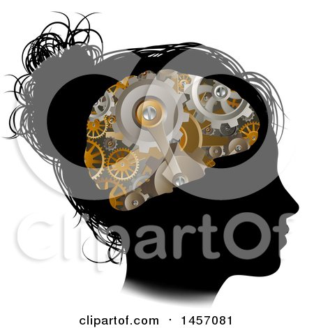 Clipart of a Black Silhouetted Girl's Head in Profile with a Gear Brain - Royalty Free Vector Illustration by AtStockIllustration
