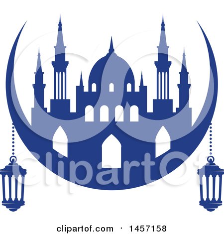Clipart of a Blue Ramadan Kareem Design with a Mosque and Lanterns - Royalty Free Vector Illustration by Vector Tradition SM