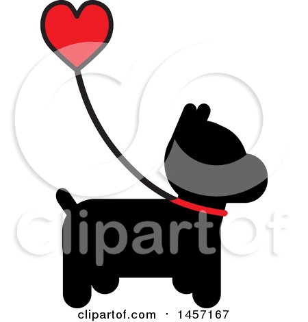 Clipart of a Black Silhouetted Scottie Dog with a Heart Handled Leash - Royalty Free Vector Illustration by Maria Bell