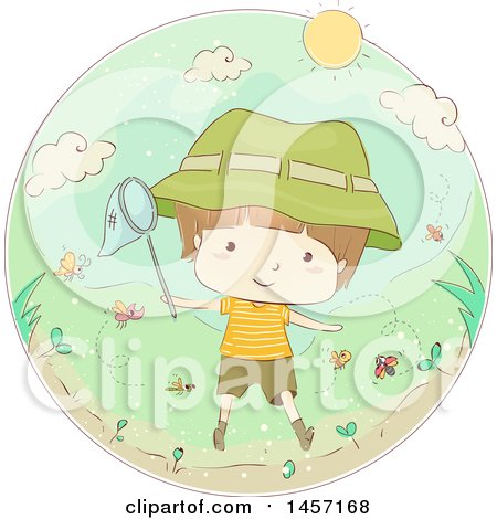 Clipart of a Sketched Caucasian Boy Catching Bugs a Circle - Royalty Free Vector Illustration by BNP Design Studio