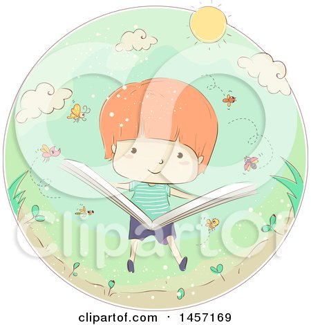 Clipart of a Sketched Caucasian Boy Reading a Book About Insects in a Circle - Royalty Free Vector Illustration by BNP Design Studio