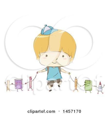 Clipart of a Sketched Blond Caucasian School Boy Holding Hands with School Supply Characters - Royalty Free Vector Illustration by BNP Design Studio