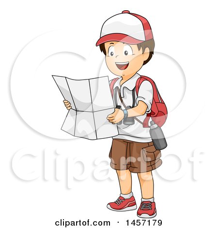 Clipart of a Brunette White Explorer Boy Reading a Map - Royalty Free Vector Illustration by BNP Design Studio