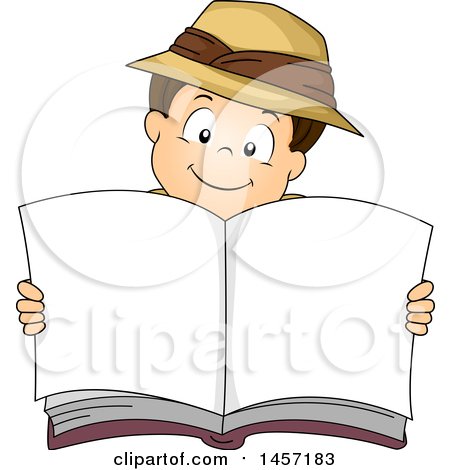 Clipart of a Brunette White Explorer Boy Holding up an Open Book - Royalty Free Vector Illustration by BNP Design Studio