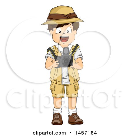 Clipart of a Brunette White Explorer Boy Taking Pictures with a DSLR Camera - Royalty Free Vector Illustration by BNP Design Studio