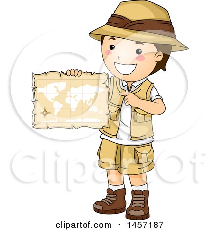 Clipart of a Brunette White Explorer Boy Holding an Old Parchment Map - Royalty Free Vector Illustration by BNP Design Studio