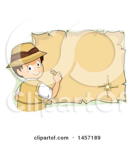 Clipart of a Brunette White Explorer Boy Drawing on a Parchment Map - Royalty Free Vector Illustration by BNP Design Studio