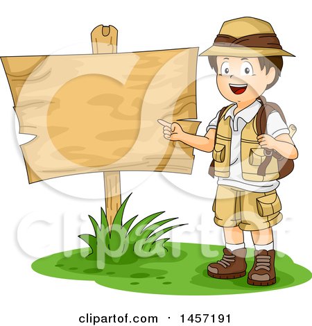 Clipart of a Brunette White Explorer Boy by a Wood Sign - Royalty Free Vector Illustration by BNP Design Studio