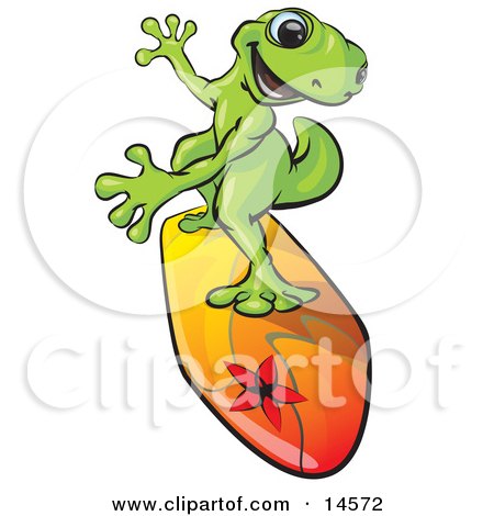 Sporty Green Gecko Riding A Colorful Yellow, Orange And Red Surfboard With A Flower Decal On It Clipart Illustration by Leo Blanchette