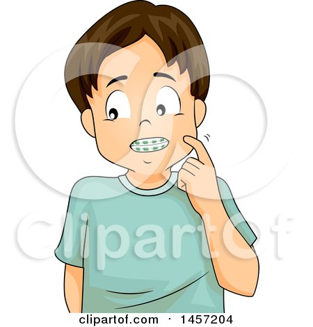 Clipart of a Shy Brunette Caucasian Boy Showing His Braces - Royalty Free Vector Illustration by BNP Design Studio