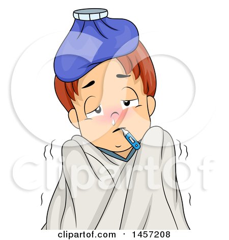 Clipart of a Sick Red Haired White Boy Shivering with an Ice Pack on His Head and Thermometer in His Mouth - Royalty Free Vector Illustration by BNP Design Studio