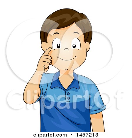 Clipart of a Happy Brunette Caucasian Boy Pointing to His Eye - Royalty Free Vector Illustration by BNP Design Studio