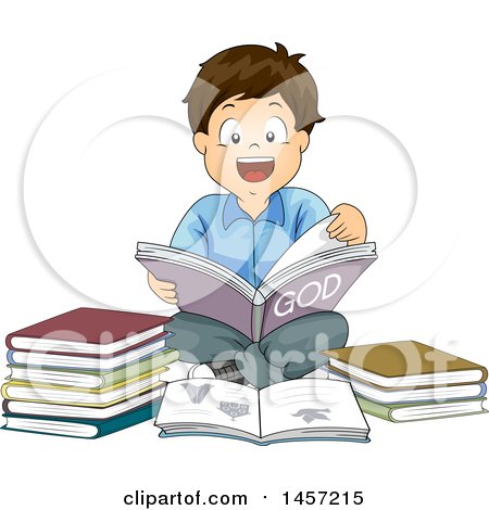 Clipart of a Happy Brunette Caucasian Boy Reading a Book About God - Royalty Free Vector Illustration by BNP Design Studio