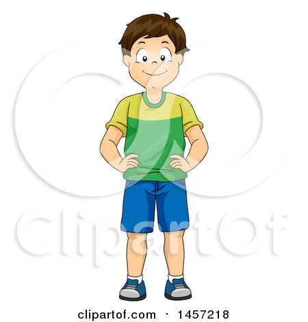 Clipart of a Happy Brunette Caucasian Boy Showing His Hips - Royalty Free Vector Illustration by BNP Design Studio