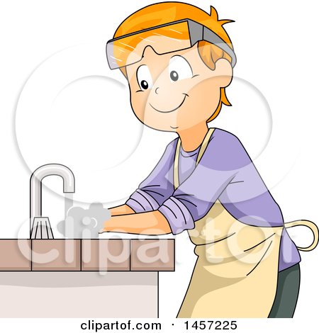 Clipart of a Happy Red Haired Caucasian Boy Washing His Hands in a Science Laboratory Sink - Royalty Free Vector Illustration by BNP Design Studio