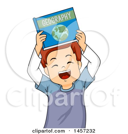 Clipart of a Red Haired White School Boy Holding up a Geography Book - Royalty Free Vector Illustration by BNP Design Studio