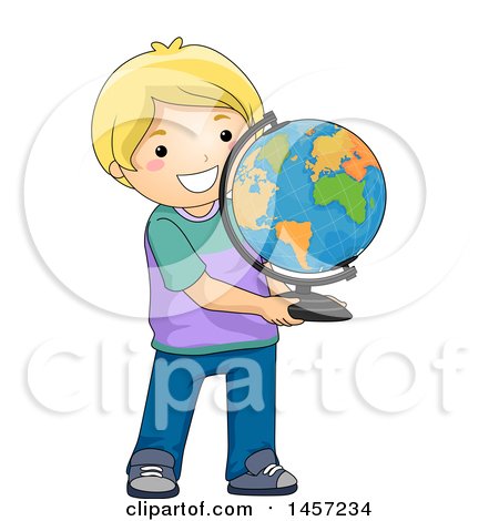 Clipart of a Blond White Boy Holding a Desk Globe - Royalty Free Vector Illustration by BNP Design Studio