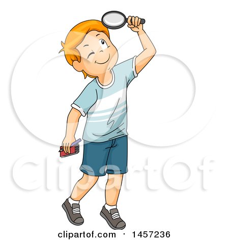 Clipart of a Red Haired White Boy Using a Magnifying Glass and Looking up - Royalty Free Vector Illustration by BNP Design Studio