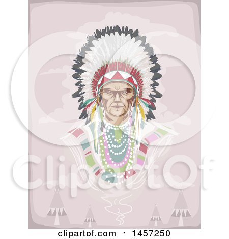 Clipart of a Native American Indian Chief Wearing a Feather Headdress over a Village - Royalty Free Vector Illustration by BNP Design Studio