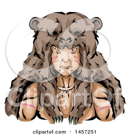 Clipart of a Native American Indian Hunter Wearing a Bear Skin Headdress - Royalty Free Vector Illustration by BNP Design Studio