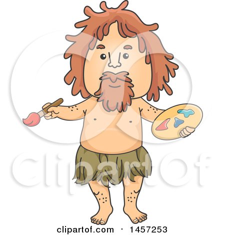 Clipart of a Caveman Art Teacher Holding a Palette and Paintbrush - Royalty Free Vector Illustration by BNP Design Studio