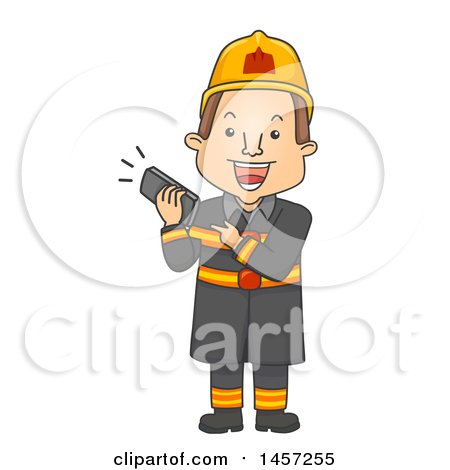 Clipart of a Cartoon Caucasian Male Firefighter Holding a Ringing Telephone - Royalty Free Vector Illustration by BNP Design Studio