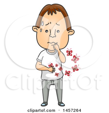 Clipart of a Cartoon Brunette White Man with Butterflies in His Stomach - Royalty Free Vector Illustration by BNP Design Studio