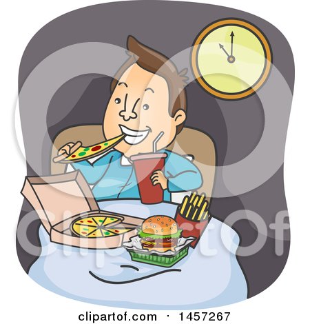 Clipart of a Cartoon Brunette White Man Eating Junk Food in Bed - Royalty Free Vector Illustration by BNP Design Studio