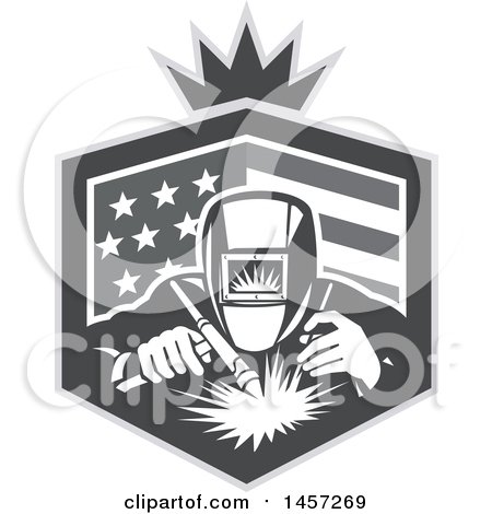 Clipart of a Retro Grayscale Welder Working in an American Flag Shield with a Crown - Royalty Free Vector Illustration by patrimonio