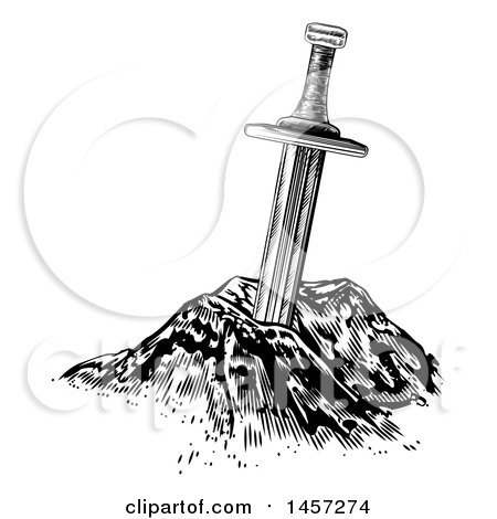 Clipart of a Black and White Excalibur the Sword in the Stone - Royalty Free Vector Illustration by AtStockIllustration