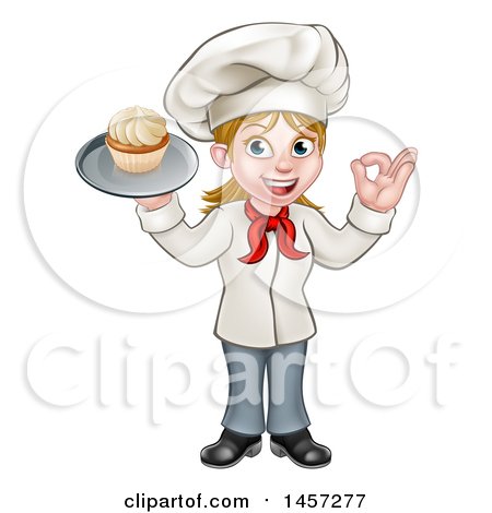 Clipart of a Cartoon Full Length Happy White Female Chef Holding a Cupcake on a Tray and Gesturing Perfect - Royalty Free Vector Illustration by AtStockIllustration