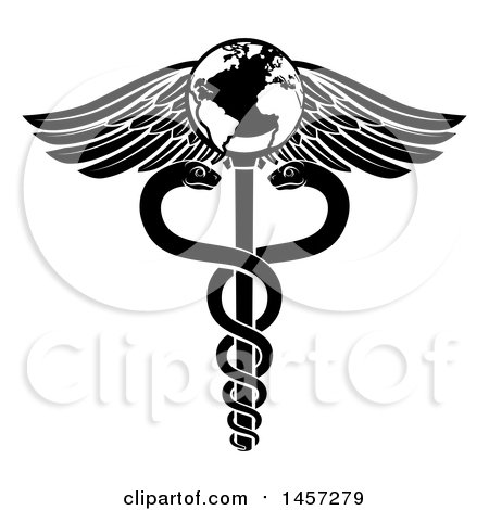 Clipart of a Black and White Medical Caduceus with Snakes on a Winged Globe Rod - Royalty Free Vector Illustration by AtStockIllustration