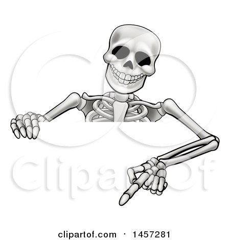 Clipart of a Cartoon Skeleton Pointing down over a Sign - Royalty Free Vector Illustration by AtStockIllustration