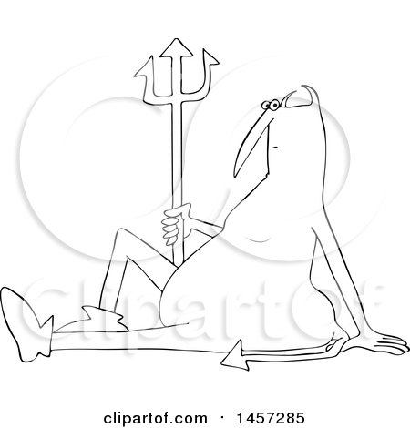 Clipart of a Black and White Chubby Devil Sitting on the Ground with a Pitchfork - Royalty Free Vector Illustration by djart