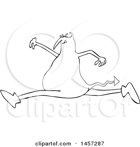 Clipart of a Black and White Chubby Devil Leaping - Royalty Free Vector Illustration by djart