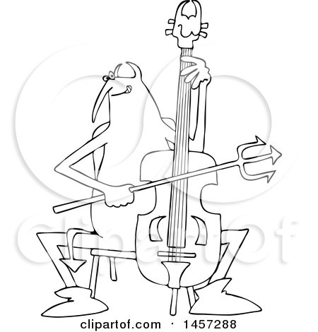 Clipart of a Black and White Chubby Devil Playing a Cello - Royalty Free Vector Illustration by djart