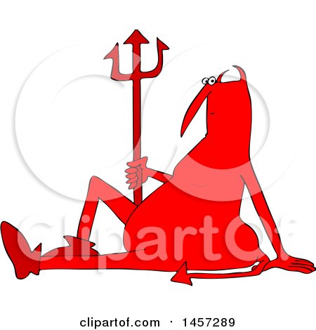 Clipart of a Chubby Red Devil Sitting on the Ground with a Pitchfork - Royalty Free Vector Illustration by djart