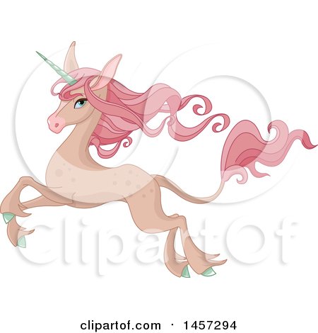 Clipart of a Pretty Leaping Tan Unicorn with Long Pink Hair - Royalty Free Vector Illustration by Pushkin