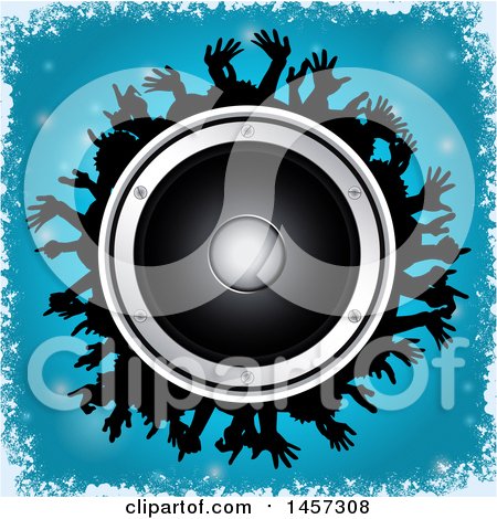 Clipart of a Round Music Speaker Encircled in Silhouetted Hands over Blue with a Border of White Grunge - Royalty Free Vector Illustration by elaineitalia