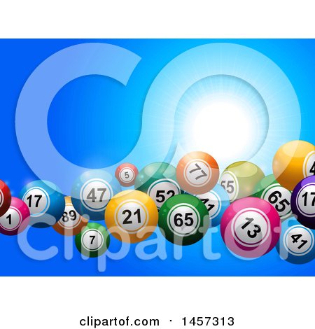 Clipart of a 3d Blue Sunny Sky with Colorful Bingo Balls - Royalty Free Vector Illustration by elaineitalia