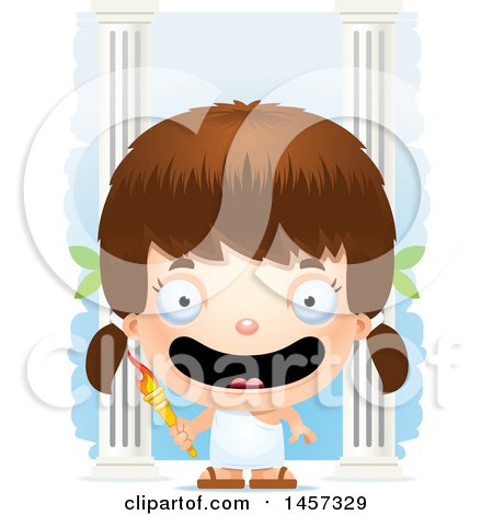 Clipart of a 3d Happy White Girl Holding a Torch over Columns - Royalty Free Vector Illustration by Cory Thoman